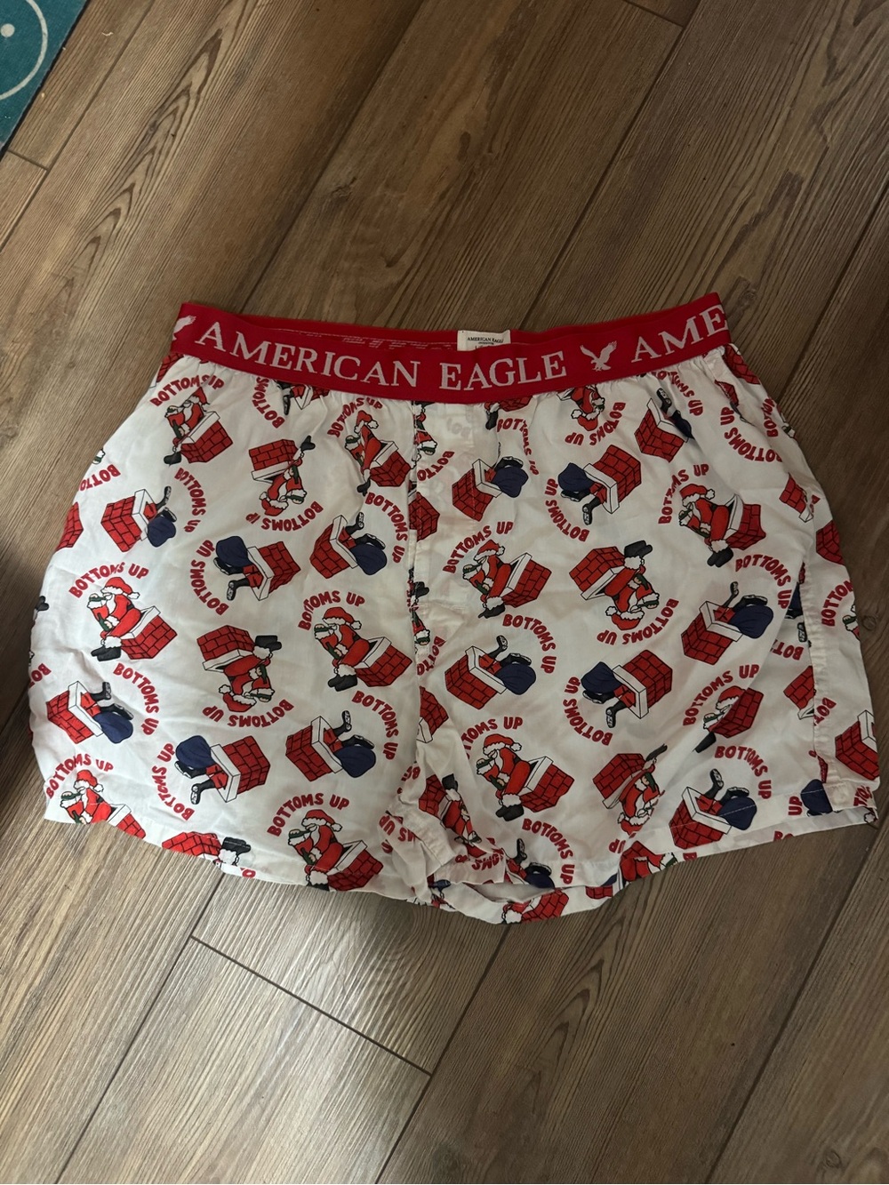 American Eagle  White Boxer Shorts with Red and Navy Santa Print